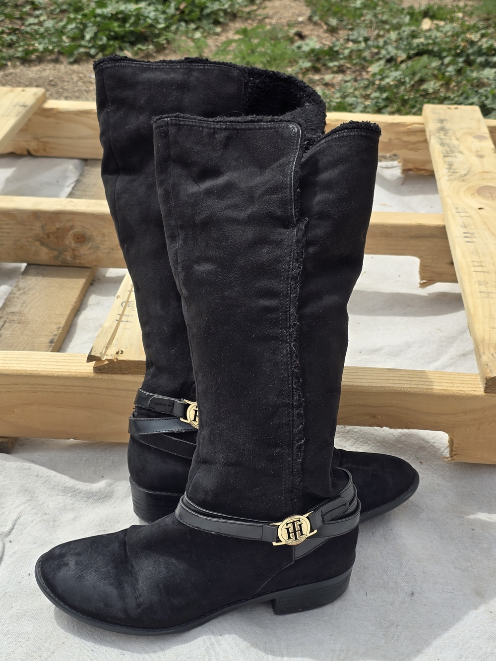 Tommy Hilfiger Black Over-the-Knee Suede Boots with Gold Accent